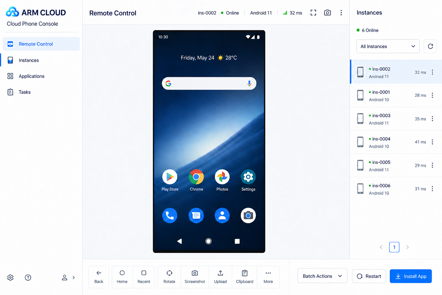 ArmCloud console showing cloud Android instances, remote control, and batch operations